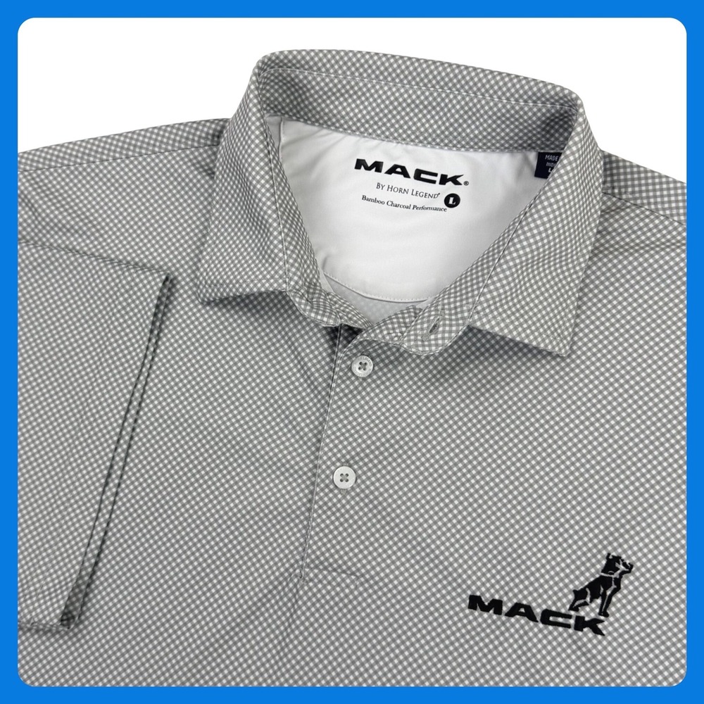 MACK Truck Performance Golf Polo Shirt Men Large Gray Gingham Bamboo Horn Legend